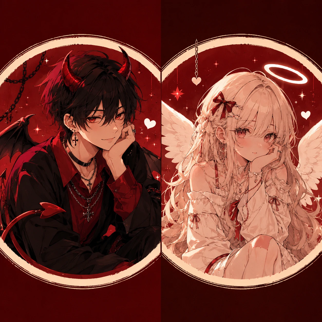 Red matching PFP with anime devil and angel duo in crimson and cream palette