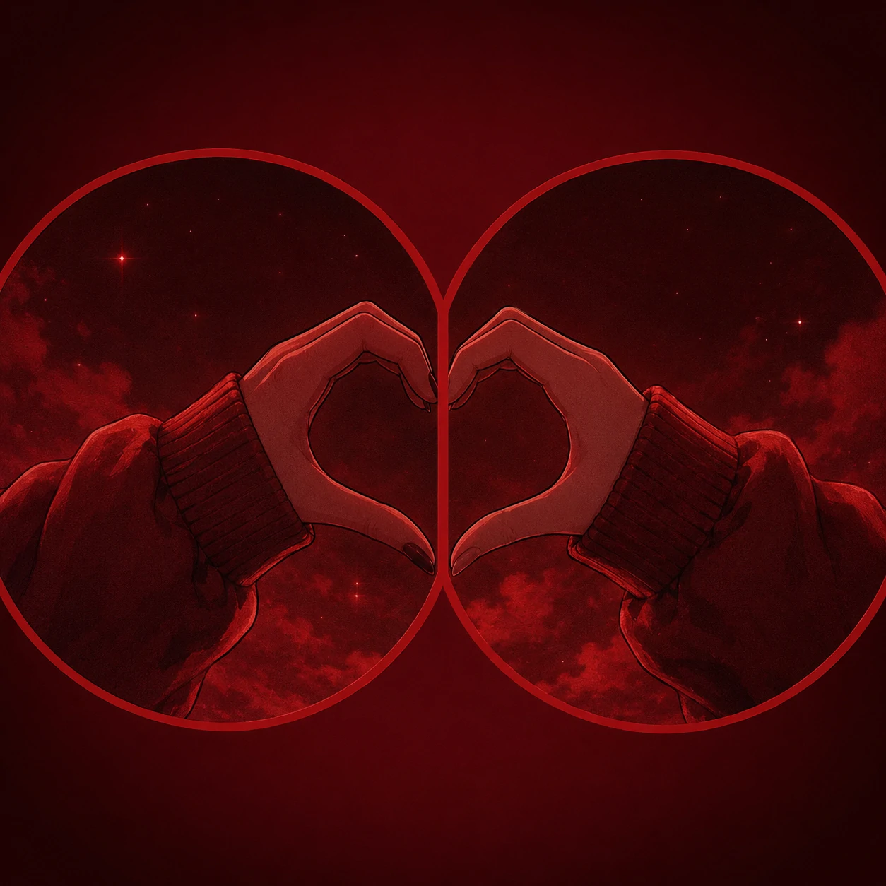 Red matching PFP featuring two hands forming a heart shape across crimson frames