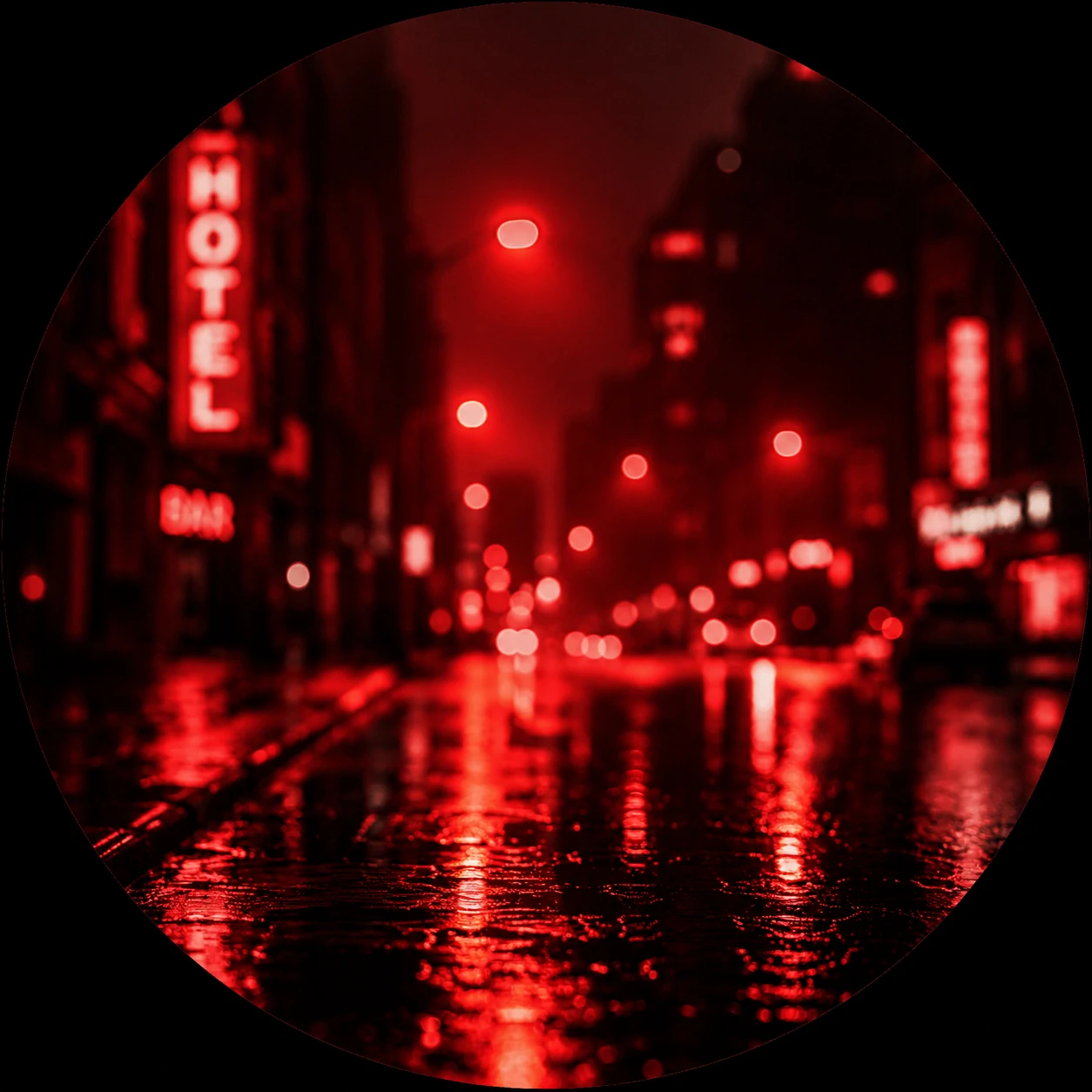 Red PFP aesthetic featuring blurred crimson city lights and moody street scene