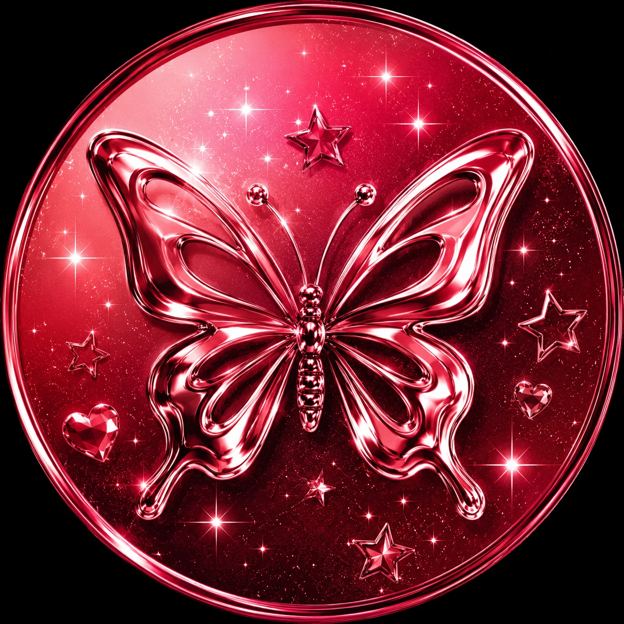 Red Y2K PFP with crimson chrome butterfly icon and gradient sparkle background