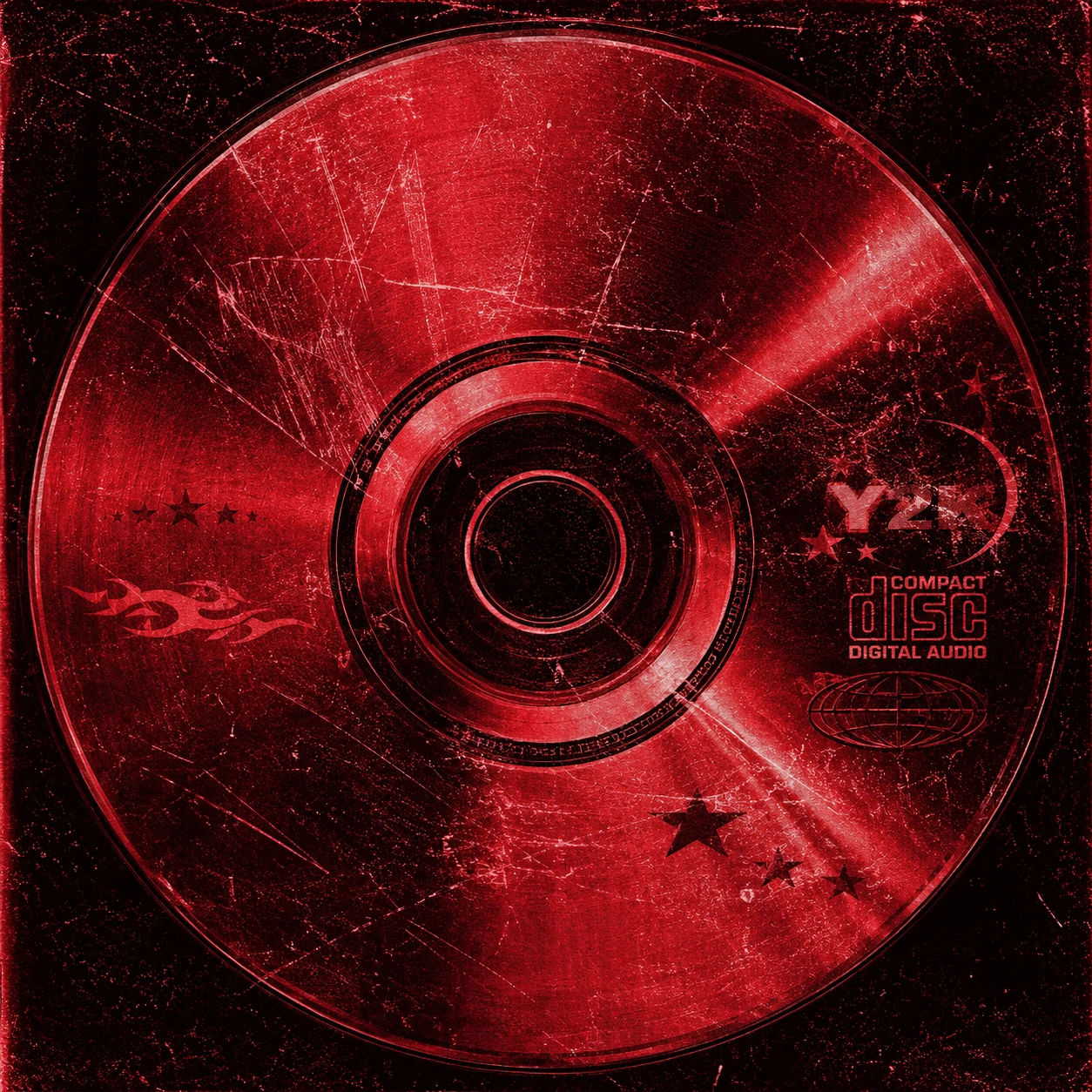 Red Y2K PFP with scratched CD texture, crimson overlay, and grunge grain filter