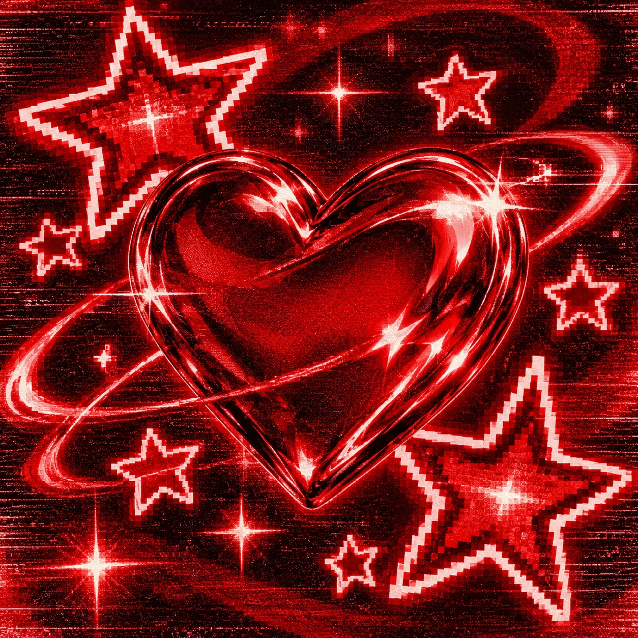 Red Y2K PFP with glossy crimson chrome heart, star cluster, and grainy retro finish