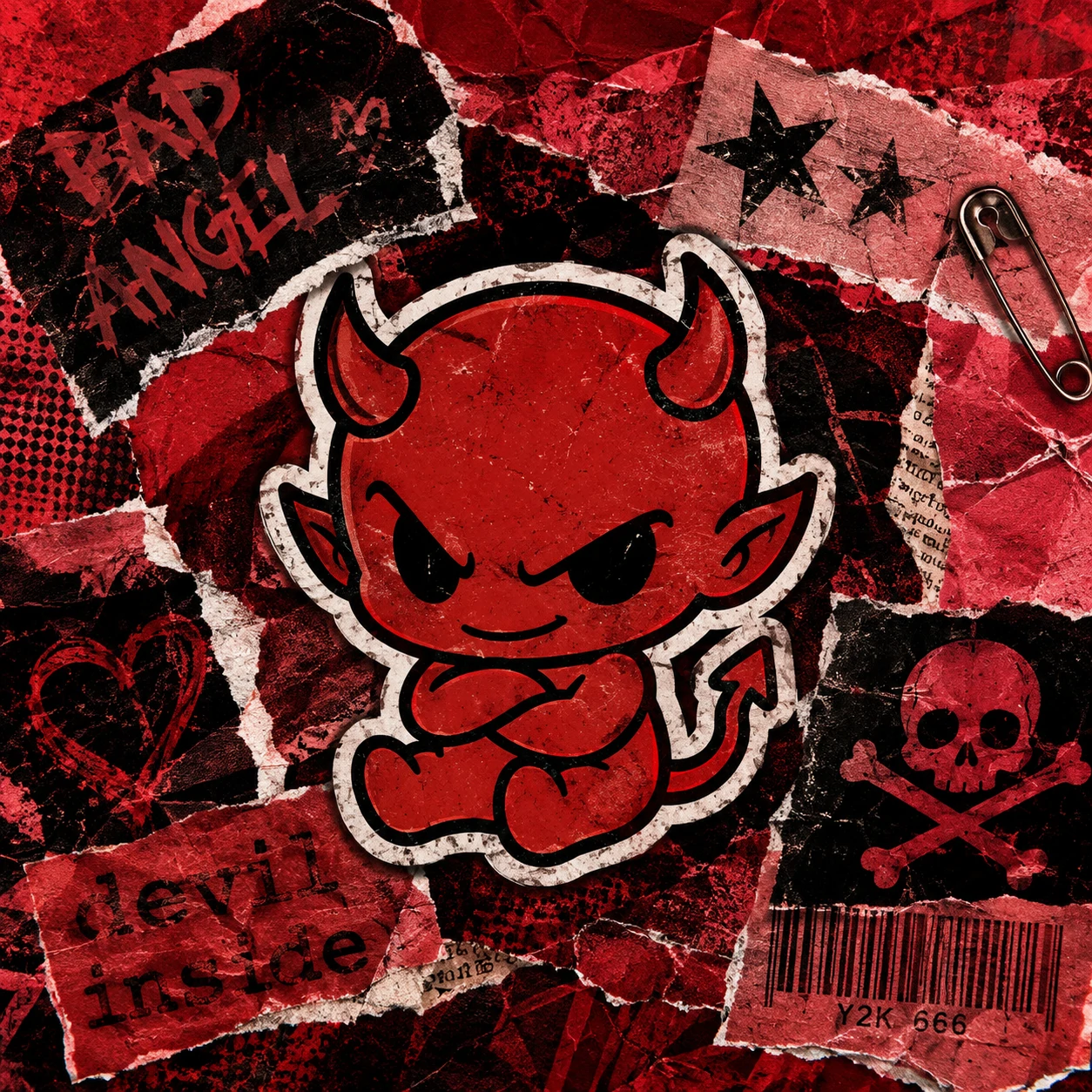 Red Y2K PFP with grunge crimson devil sticker and torn paper-collage texture