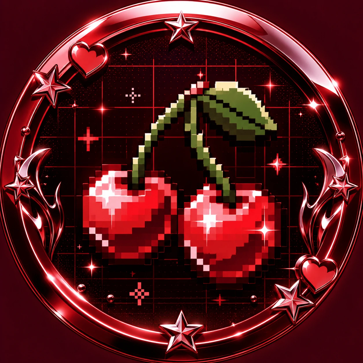 Red Y2K PFP featuring pixel cherry graphic and glossy crimson chrome frame