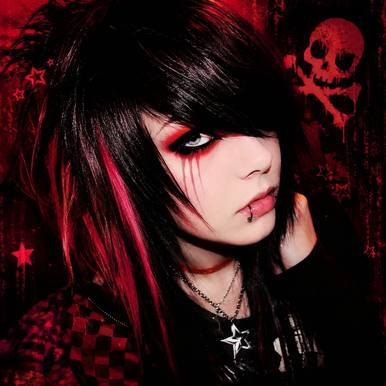 Red Y2K scene emo PFP with crimson eyeliner streaks and glossy black hair