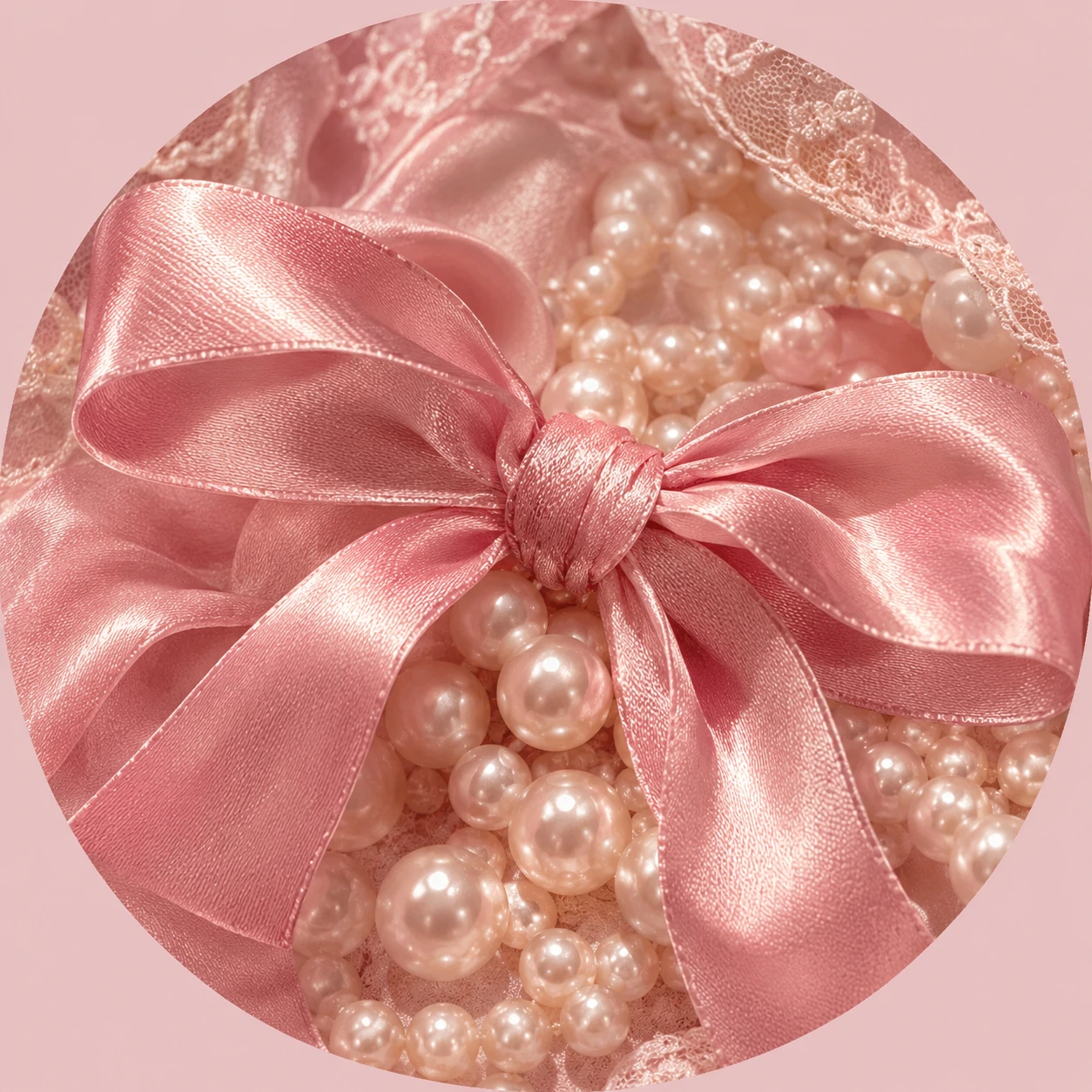 Ribbon tied coquette PFP close-up on pink satin and pearls.