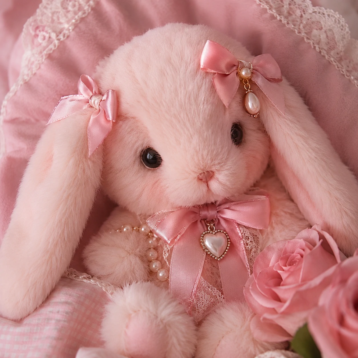 Nursery bunny coquette PFP in a soft cradle of pastel bedding.