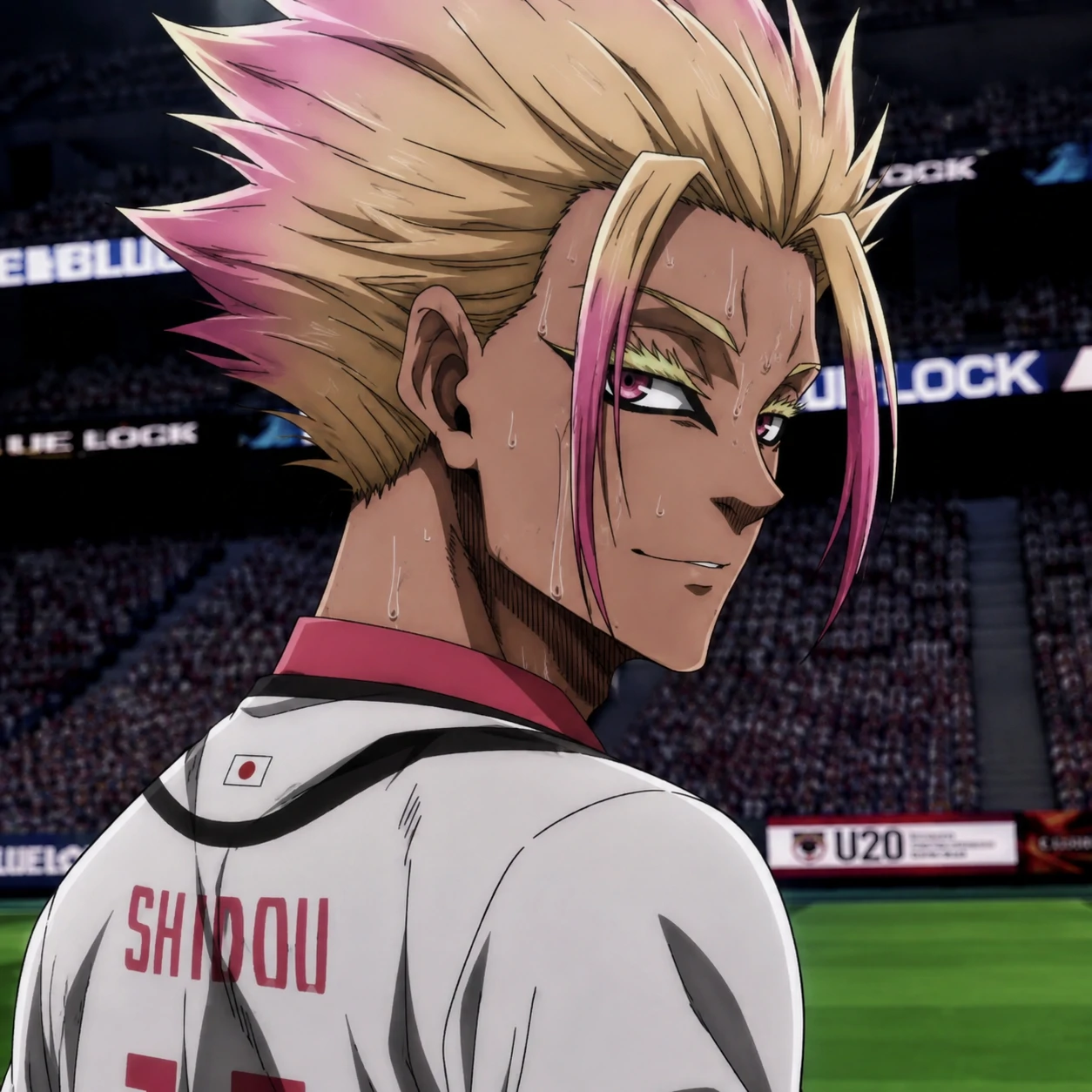 Ryusei Shidou PFP portrait on the pitch with spiky blonde and pink hair