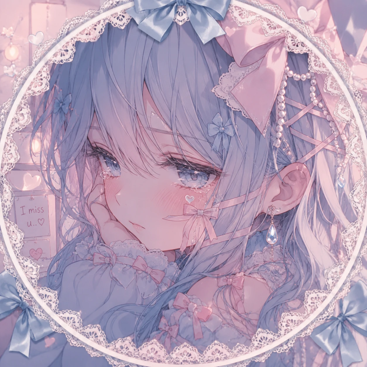 Anime coquette PFP with oversized bow and pastel anime eyes.
