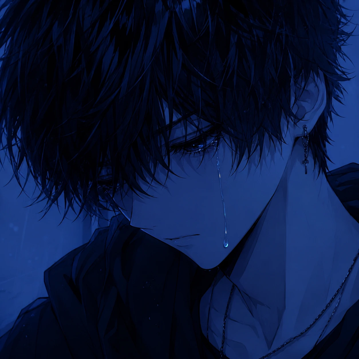 Sad emo anime boy PFP with a single tear rolling down his cheek and a blue tint over the whole image