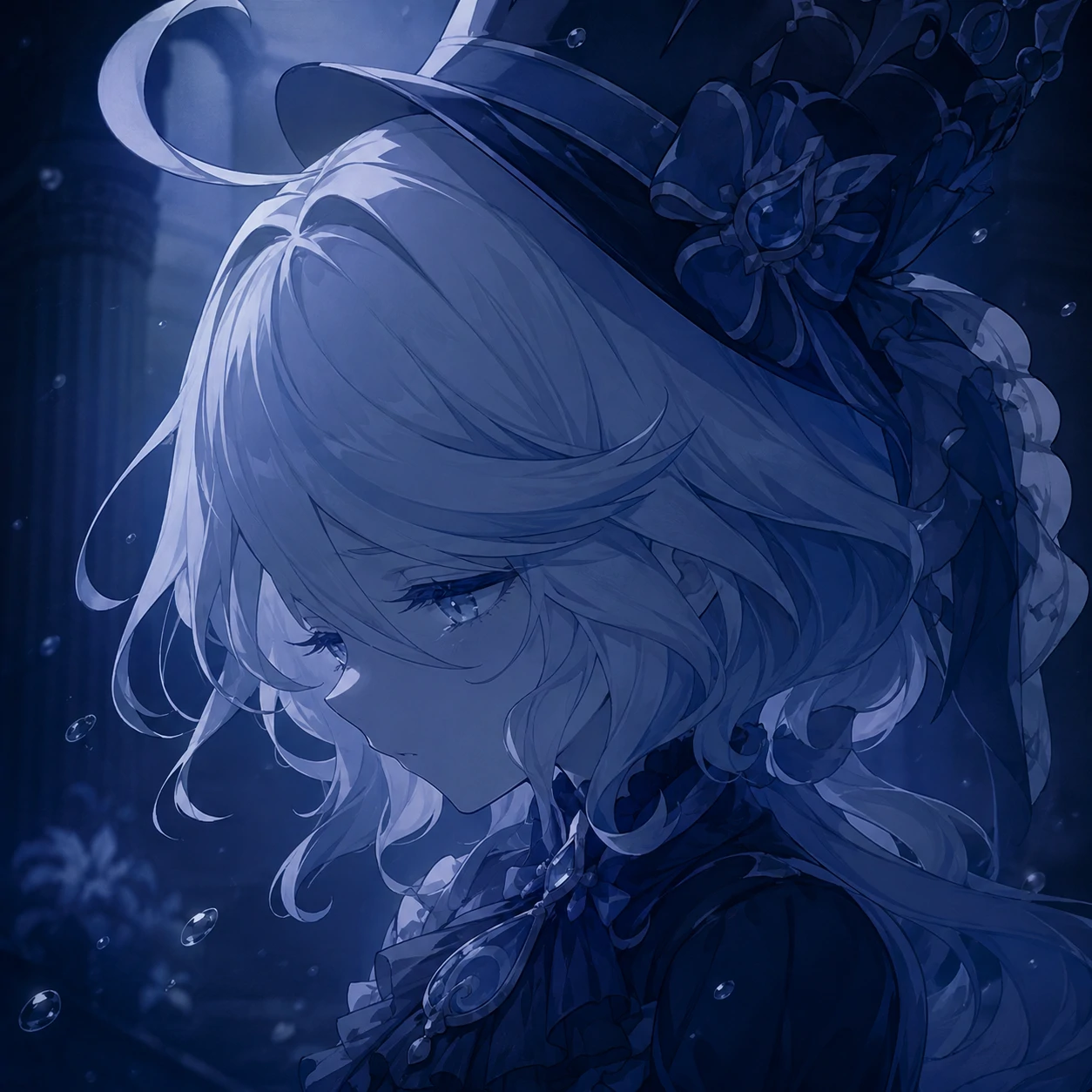 Sad Furina PFP rendered in muted near-monochrome blue tones