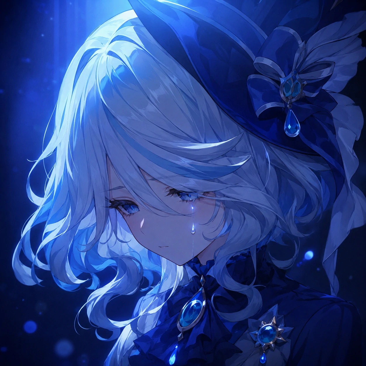 Sad Furina PFP with quiet tears and a soft blue overhead light