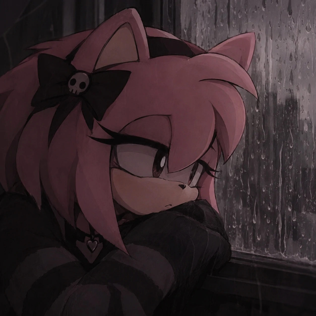 Sad goth Amy Rose PFP resting against a rainy window in muted dark tones