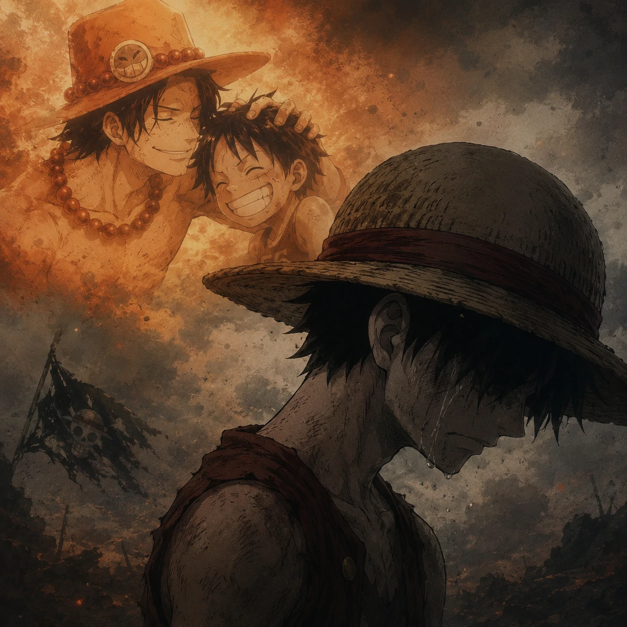 Sad Luffy PFP remembering Ace with faded orange tones