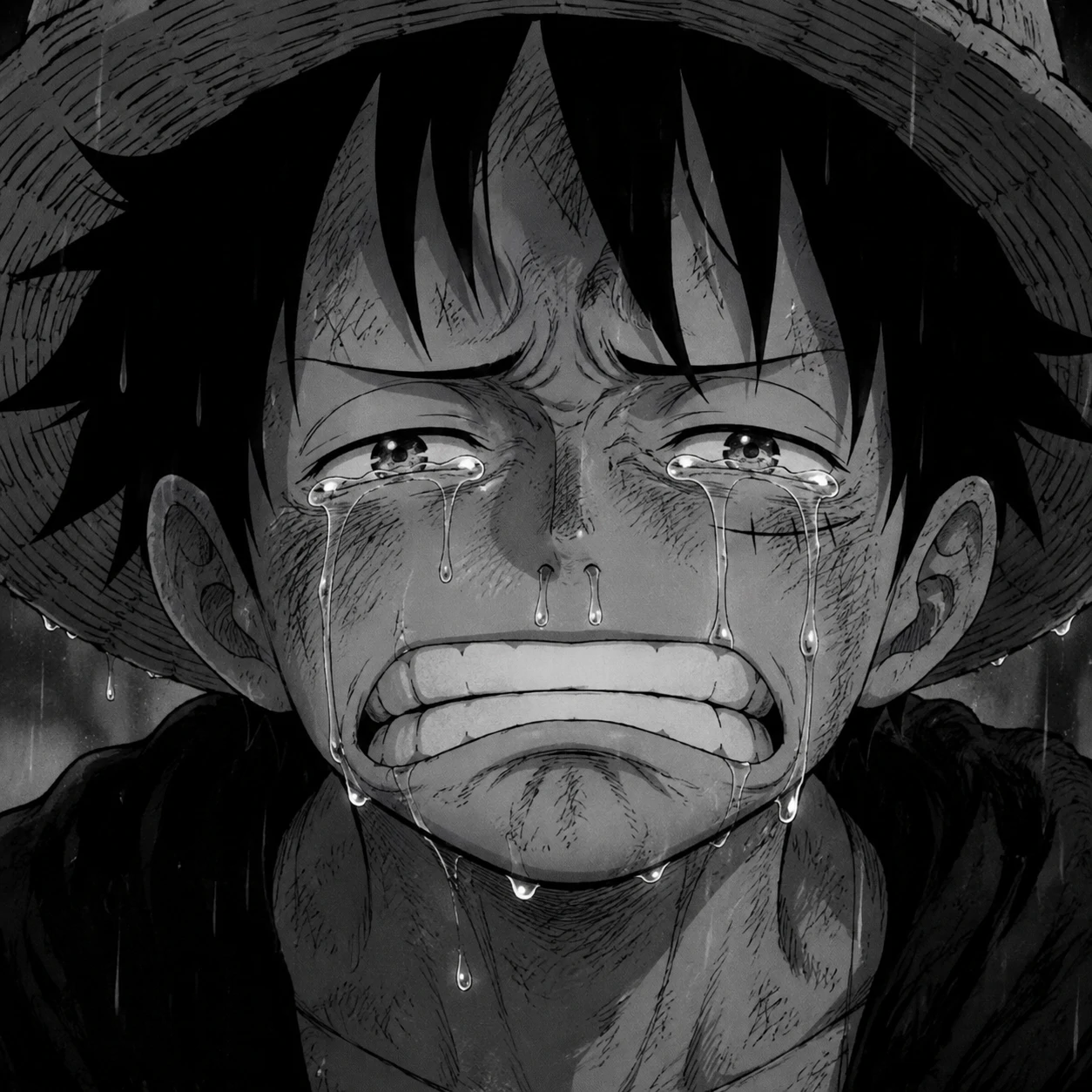 Sad Luffy PFP standing in the rain with soaked straw hat
