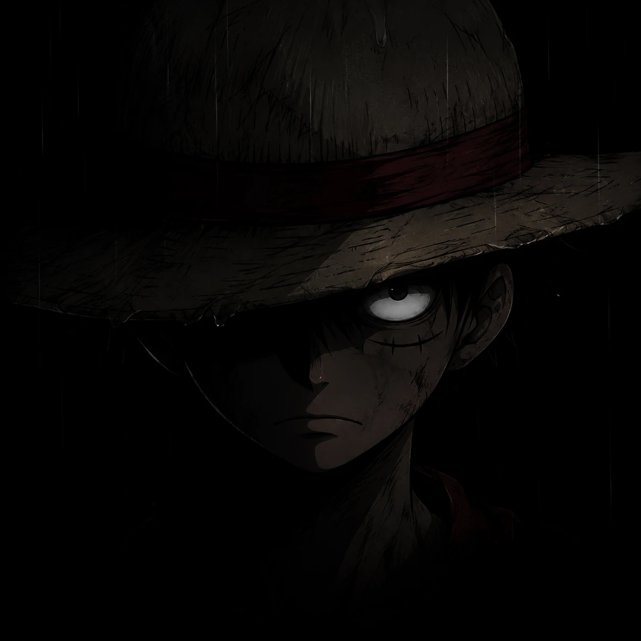 Sad Luffy PFP with one visible eye against dark background