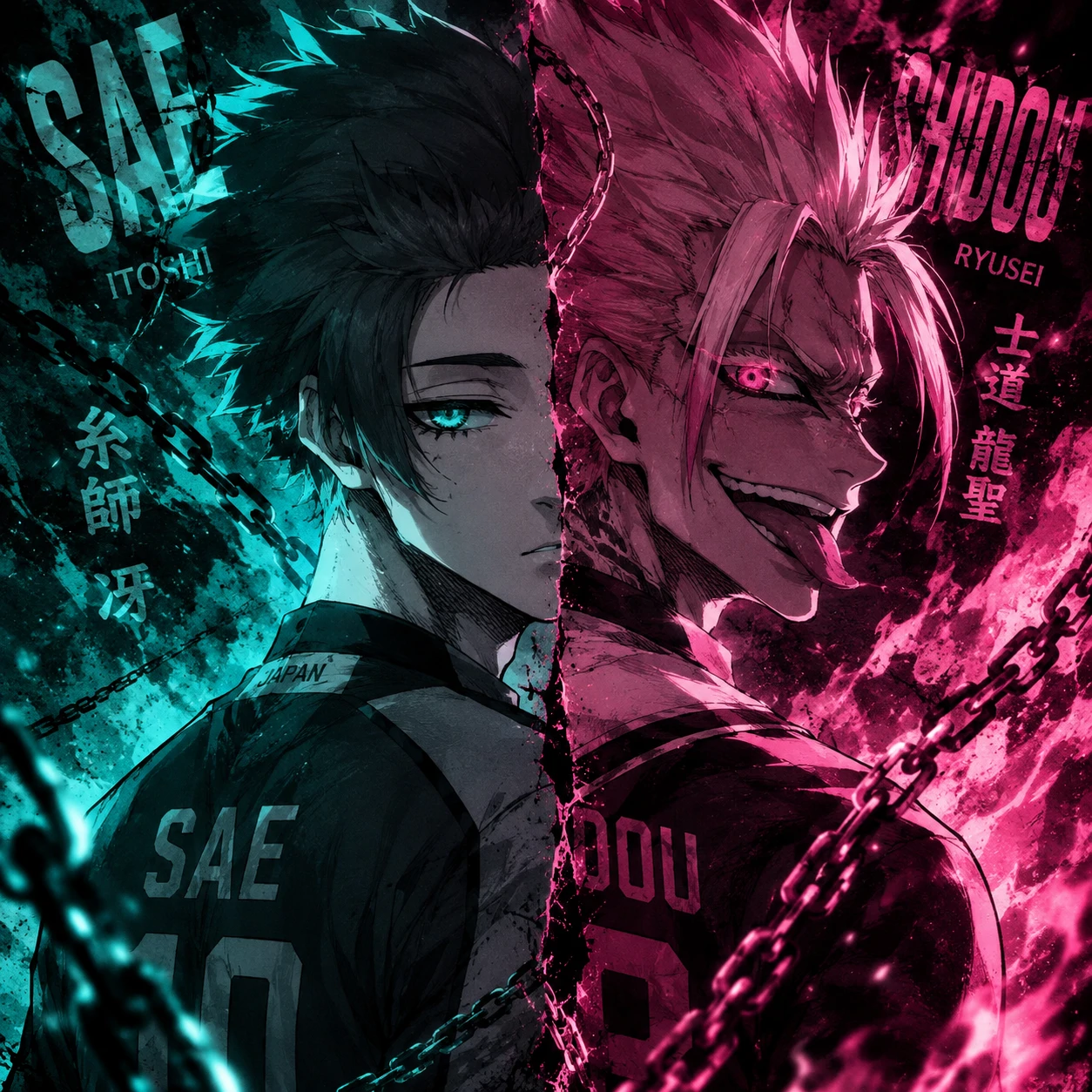 Sae and Shidou matching PFP split image with teal and pink contrast