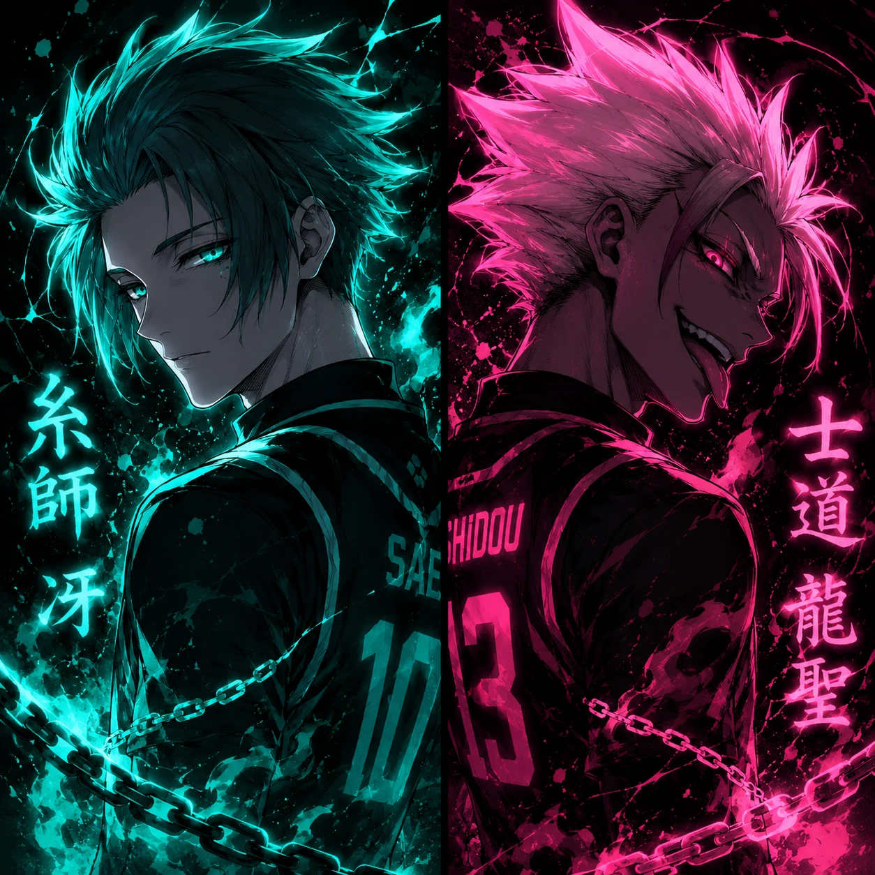 Sae x Shidou matching PFP with neon teal and pink glow effects