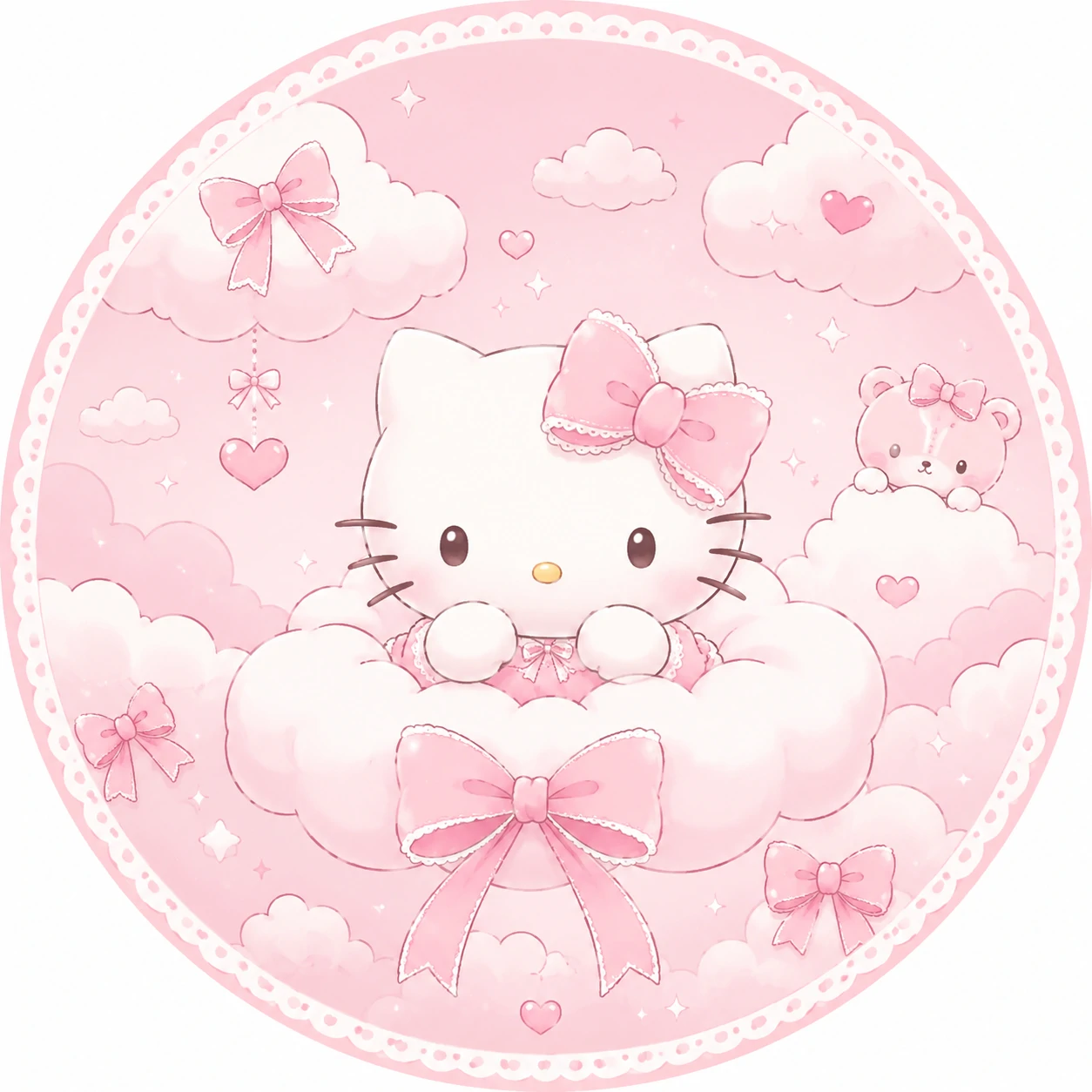 Sanrio pink pfp with cloud shapes, ribbon bows, and soft pink shading