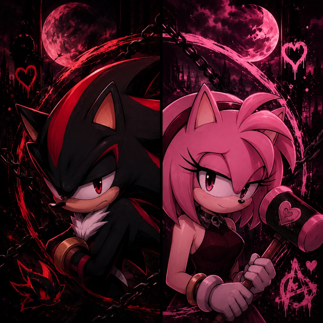 Shadow and Amy matching PFP with dark red and pink contrast for alt couples