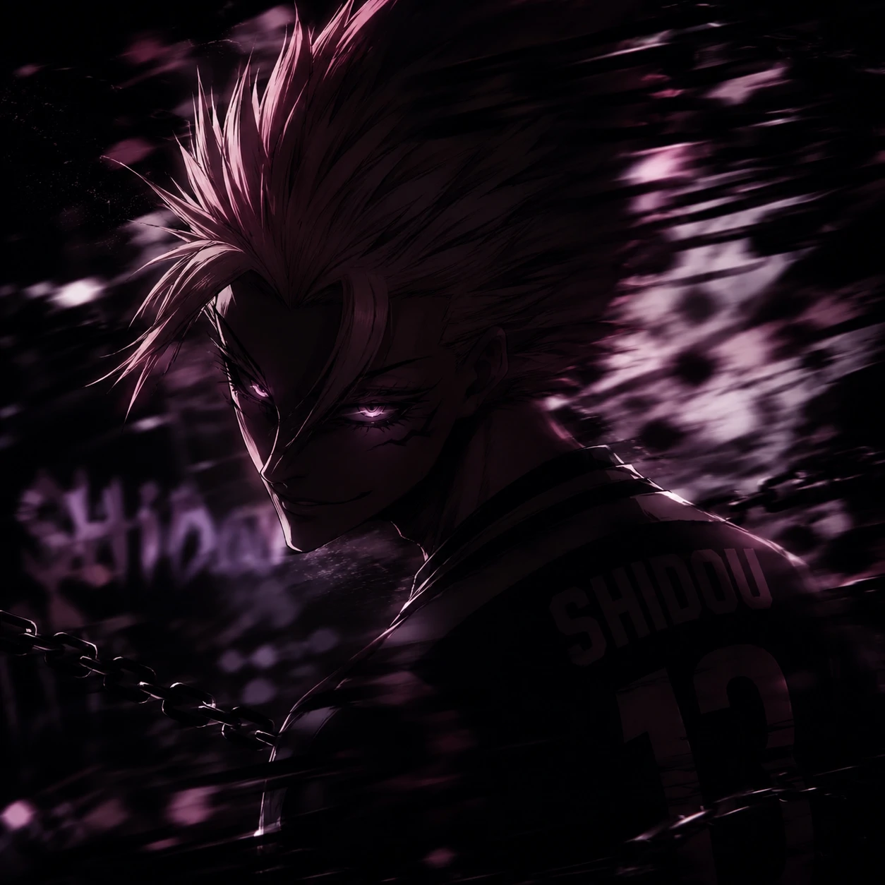 Dark aesthetic Shidou PFP with motion blur and low-key lighting