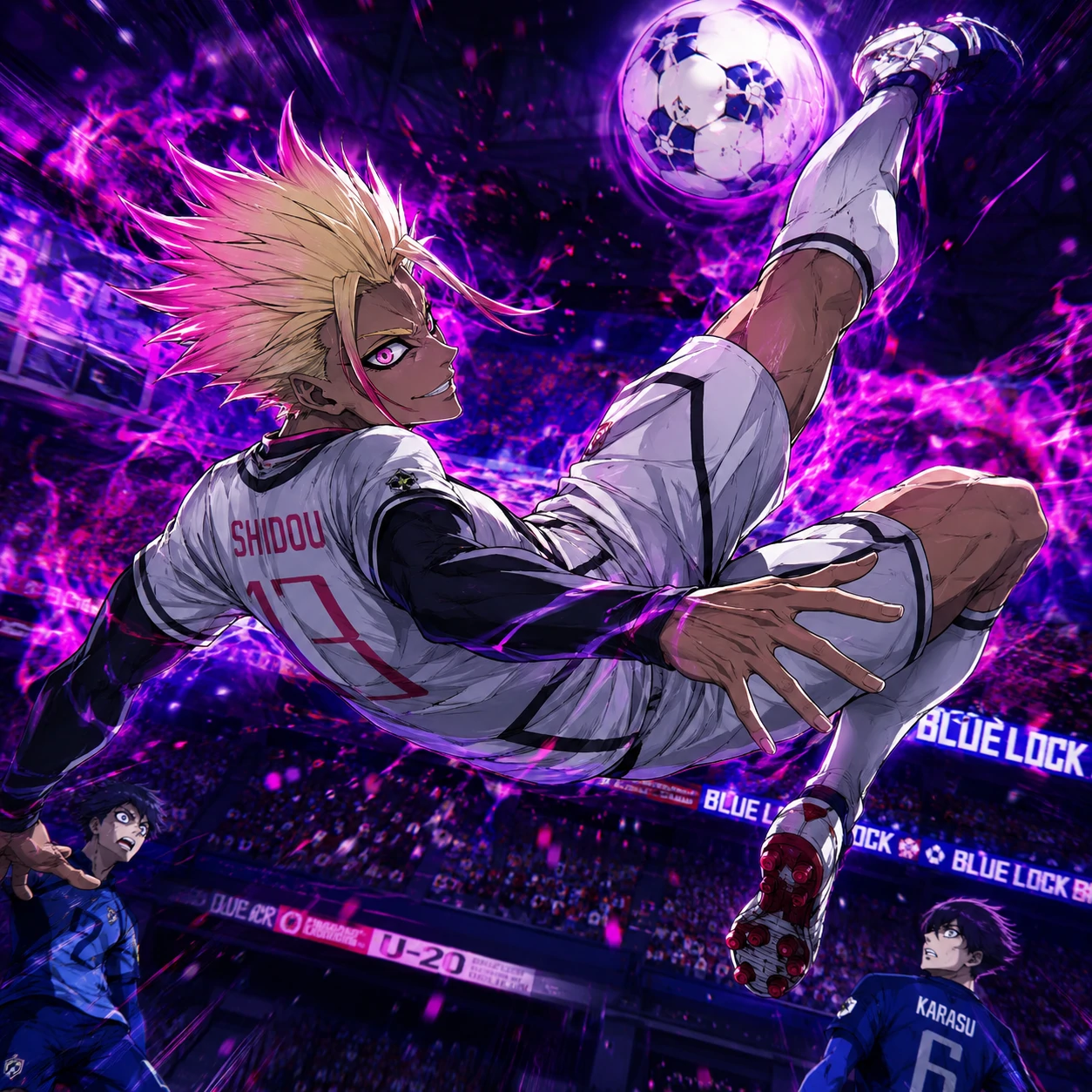 Shidou PFP mid bicycle kick during a Blue Lock match action scene