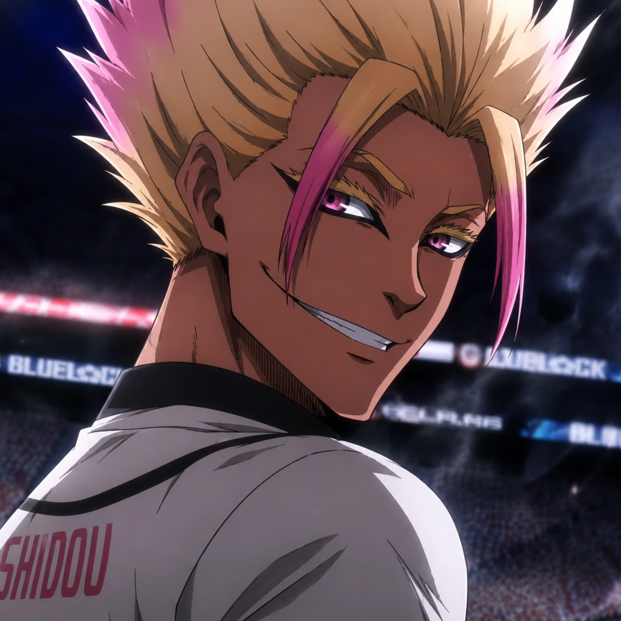 Shidou PFP of Ryusei Shidou smirking with pink eyes in a Blue Lock anime screencap