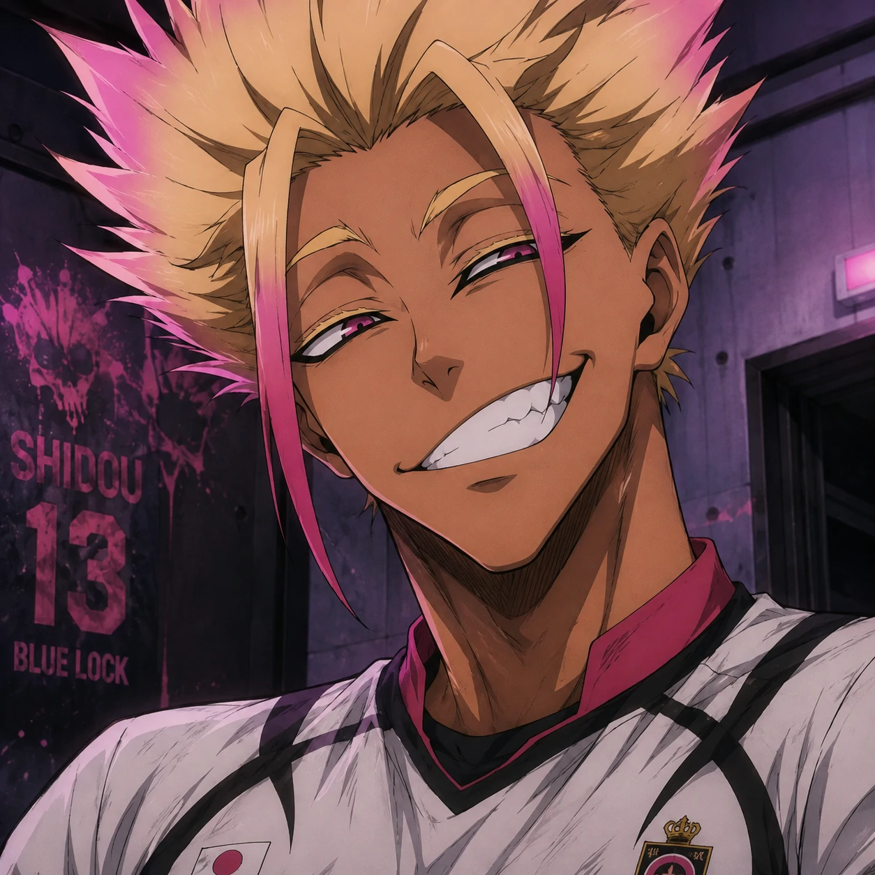 Shidou PFP with a goofy lopsided grin and squinted eyes