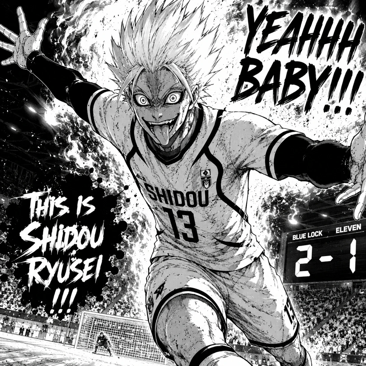 Shidou PFP from his manga goal celebration panel in Blue Lock