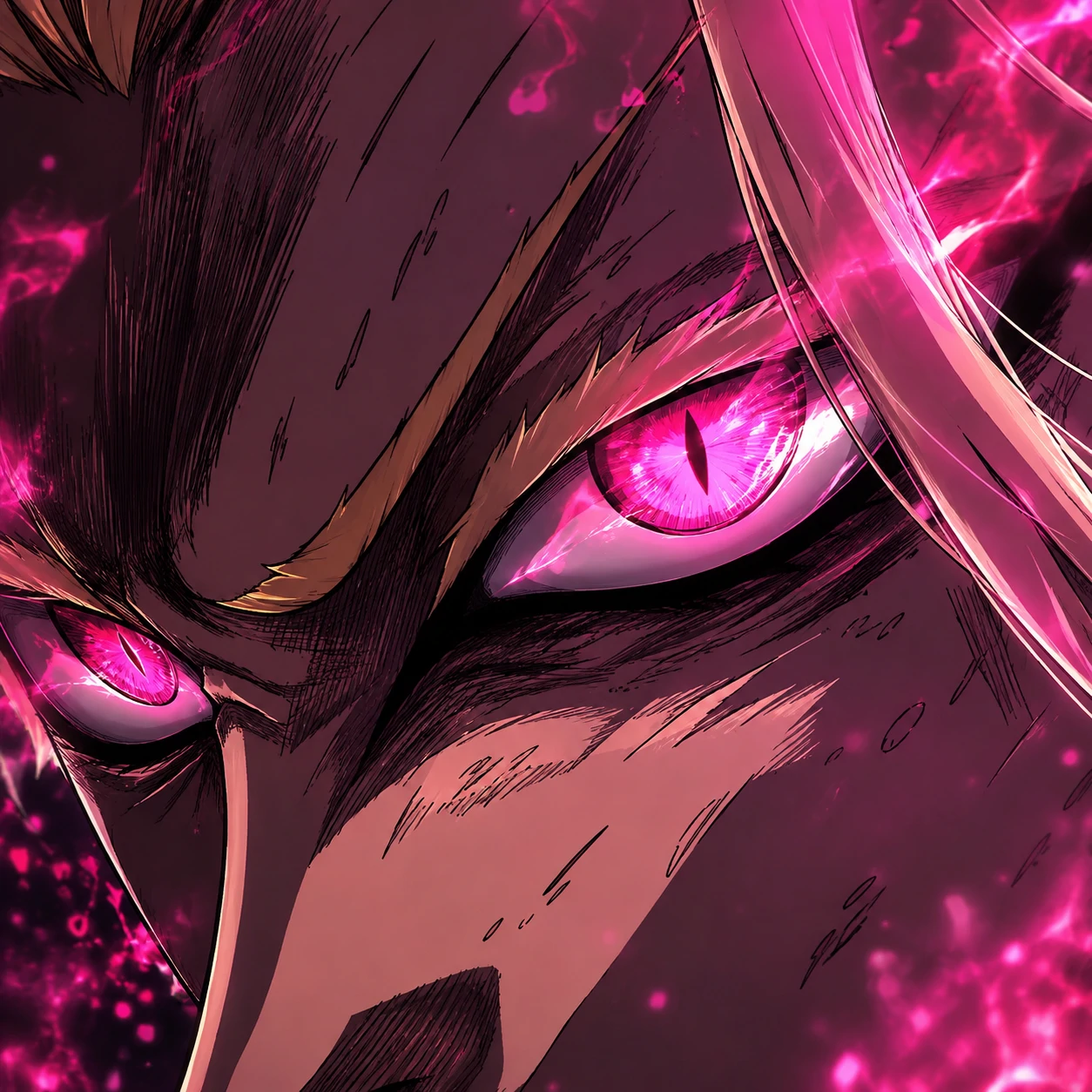 Ultra HD Shidou PFP focused on his glowing pink eyes in extreme detail