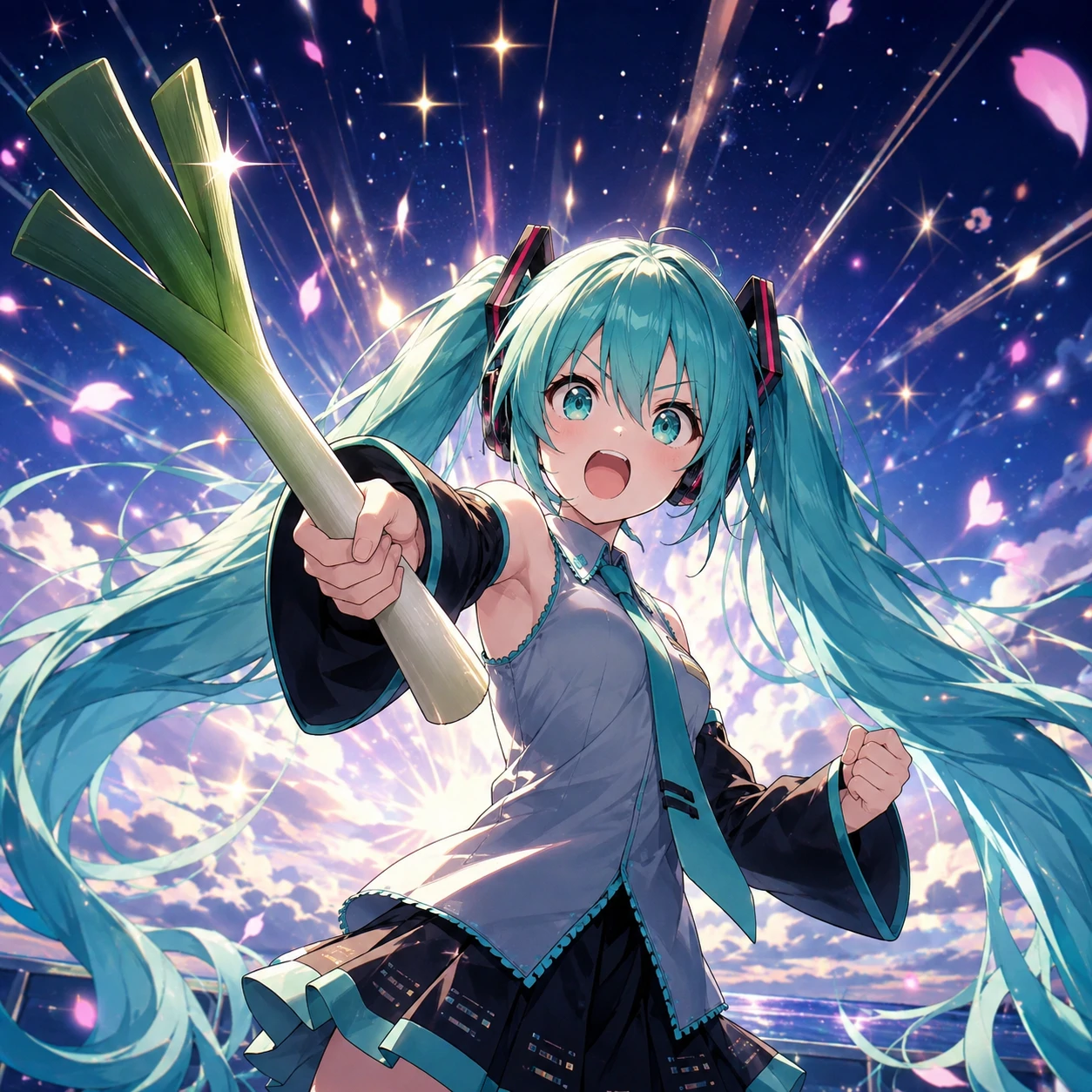 Silly Hatsune Miku PFP wielding her leek like a sword in a heroic pose