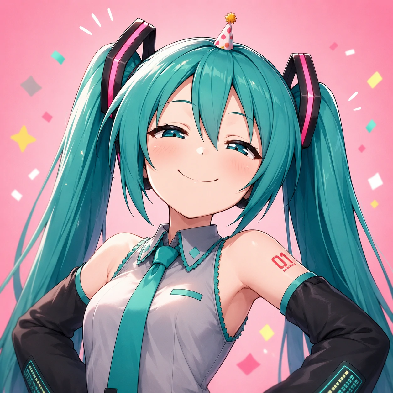Silly Miku PFP wearing an absurdly tiny party hat with proud smile
