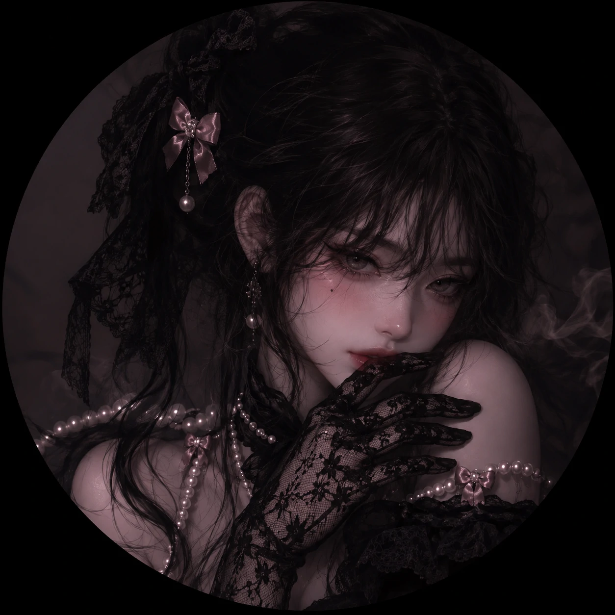 Smoky coquette PFP with black lace gloves and soft pearls.