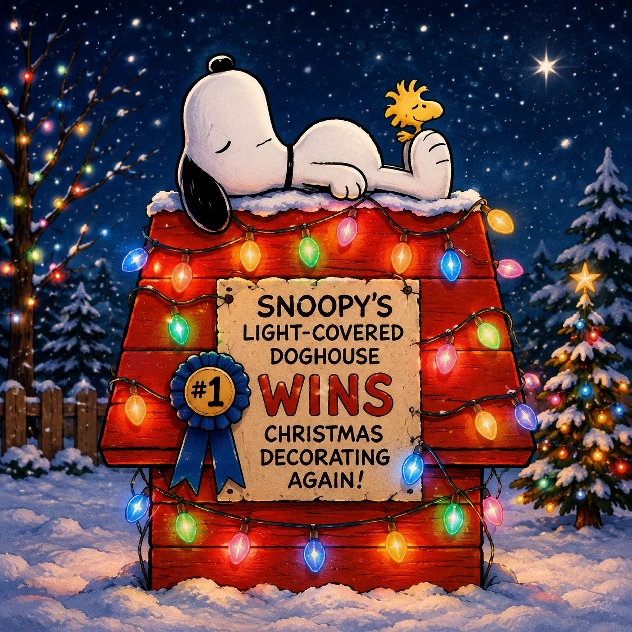 Snoopy Christmas profile picture lying on his doghouse covered in colorful lights