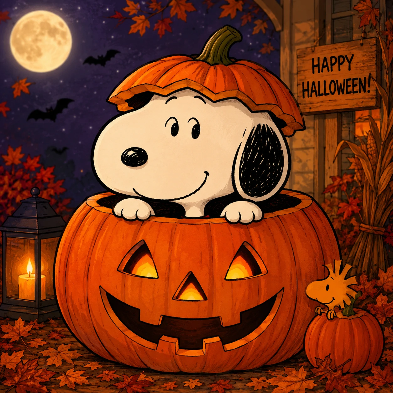 Snoopy Halloween PFP peeking out of a carved jack-o’-lantern costume