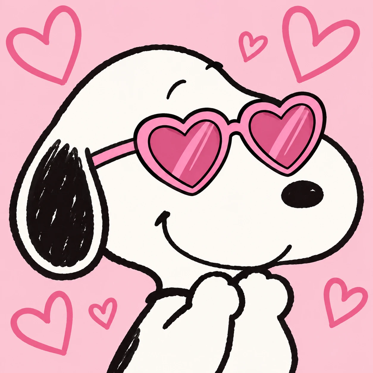 Cute Snoopy PFP wearing pink heart-shaped glasses on pastel background