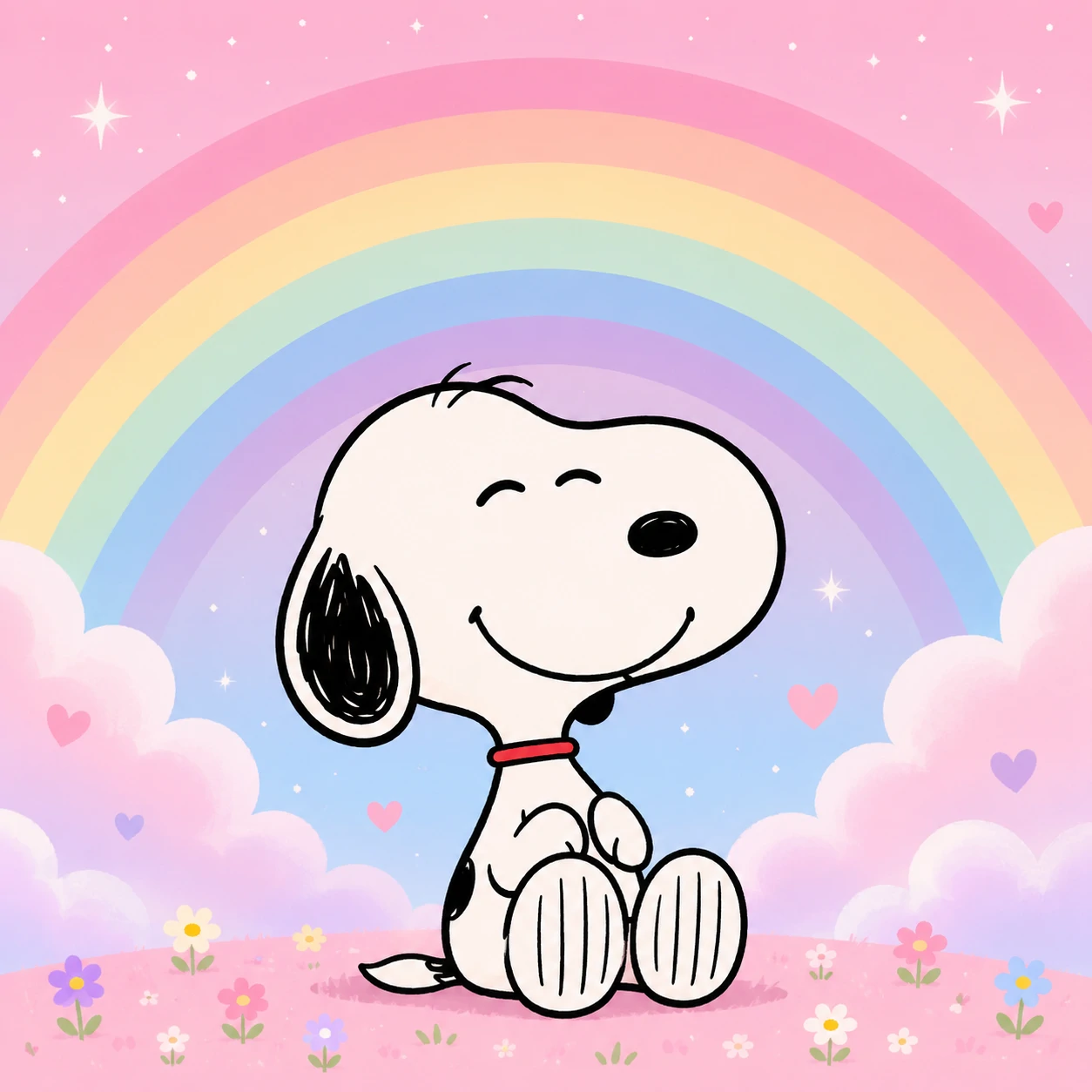 Aesthetic Snoopy PFP smiling under a soft pastel rainbow arc background
