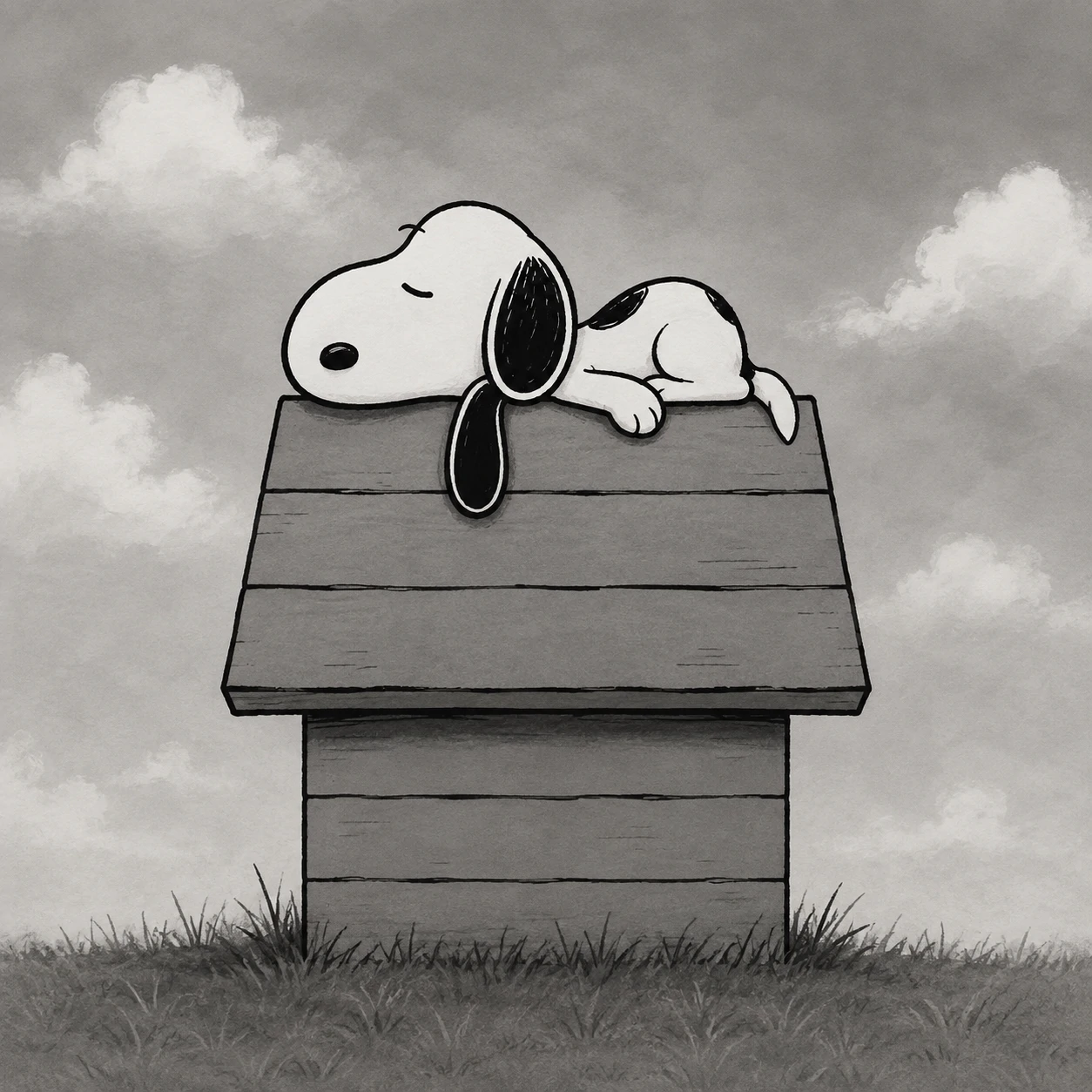 Monochrome Snoopy profile picture napping on his doghouse in grayscale