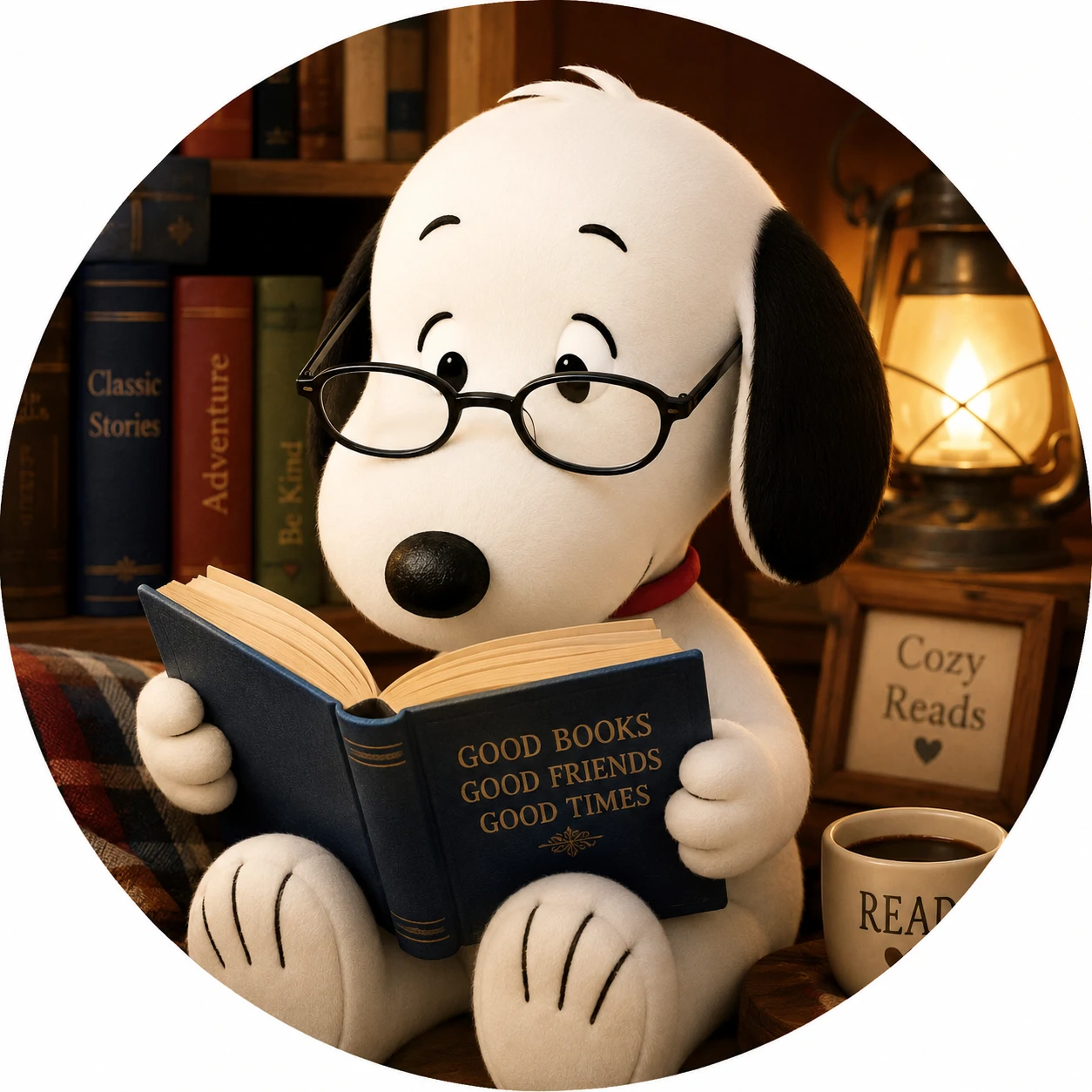 Snoopy profile picture wearing reading glasses while holding an open book