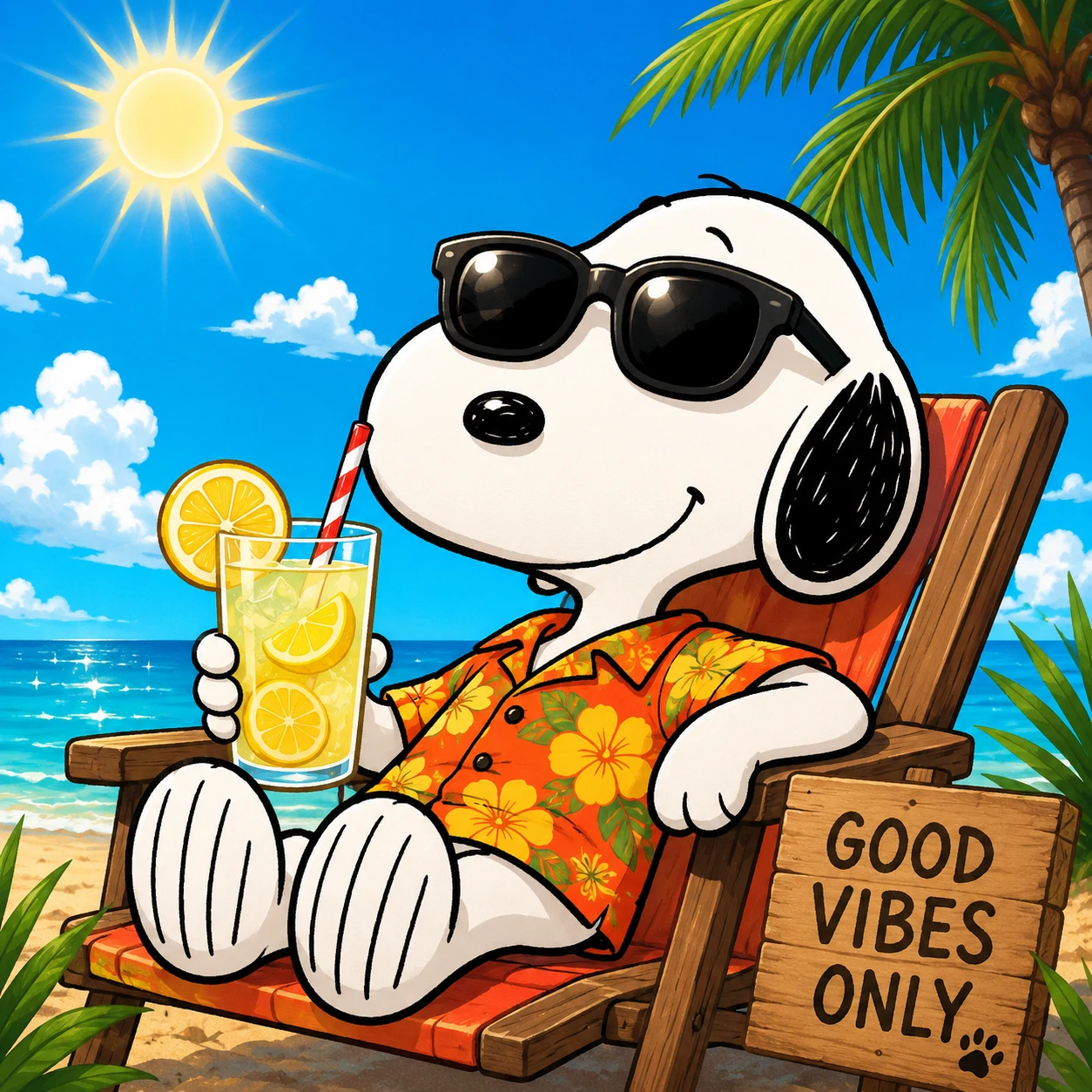 Cool Snoopy profile picture in sunglasses holding a summer lemonade