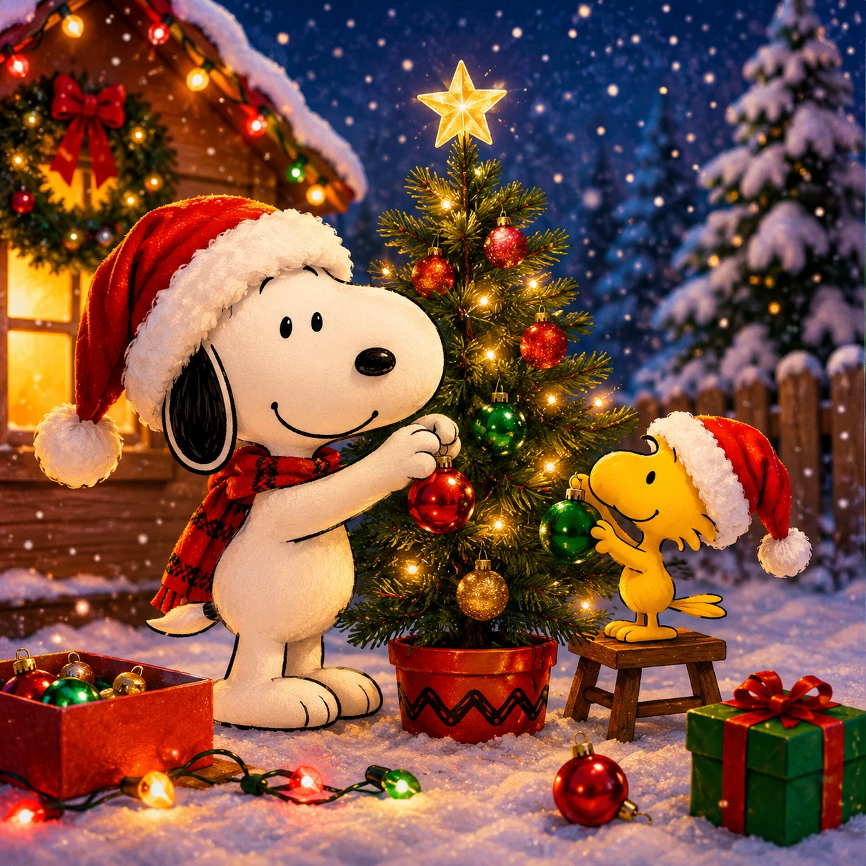 Snoopy and Woodstock Christmas PFP decorating a small Christmas tree together