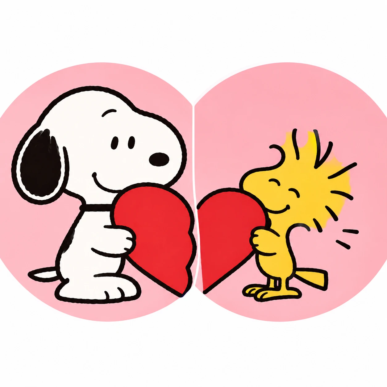 Matching Snoopy PFP and Woodstock PFP each holding half of a red heart