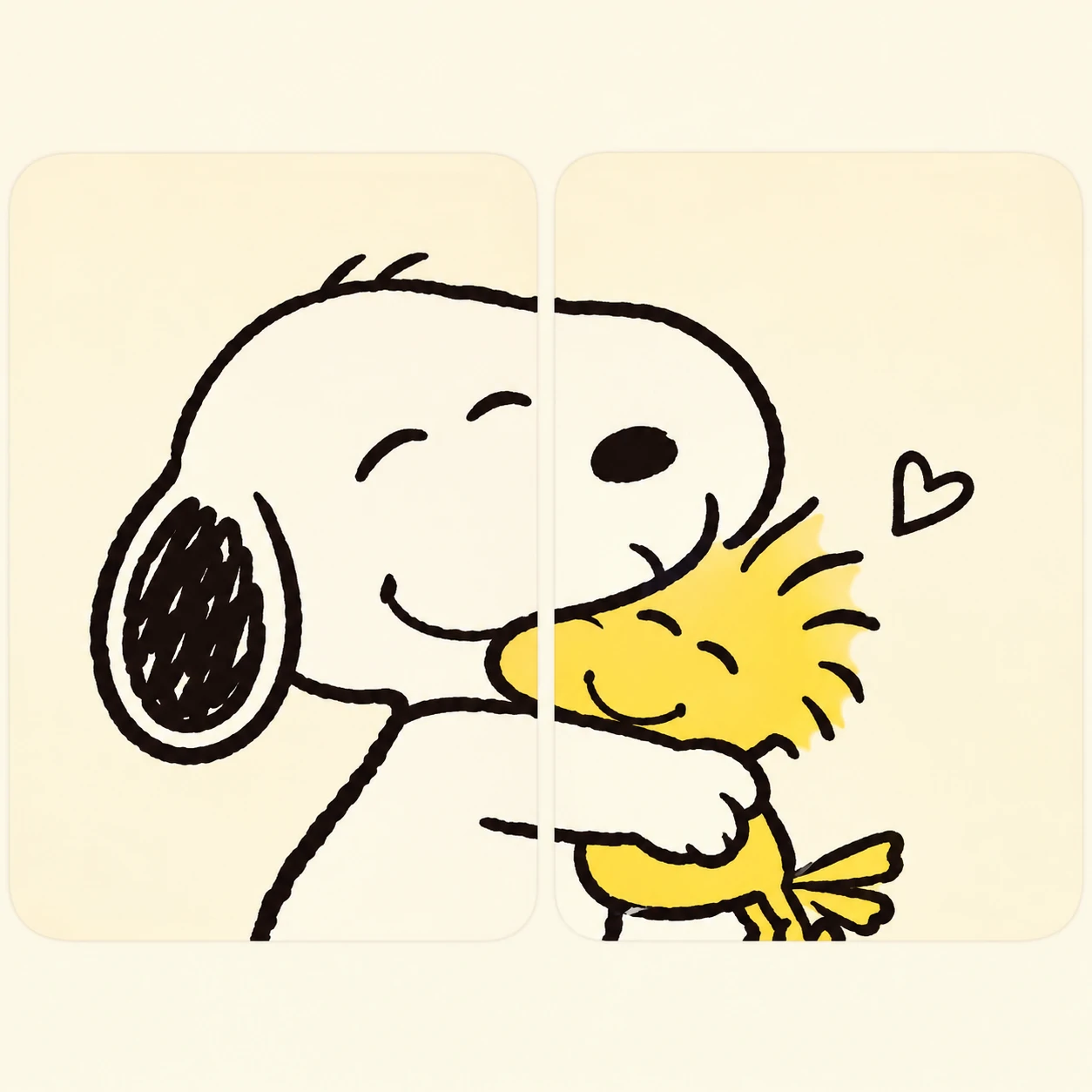 Matching Snoopy and Woodstock PFP set with the pair hugging in a split scene