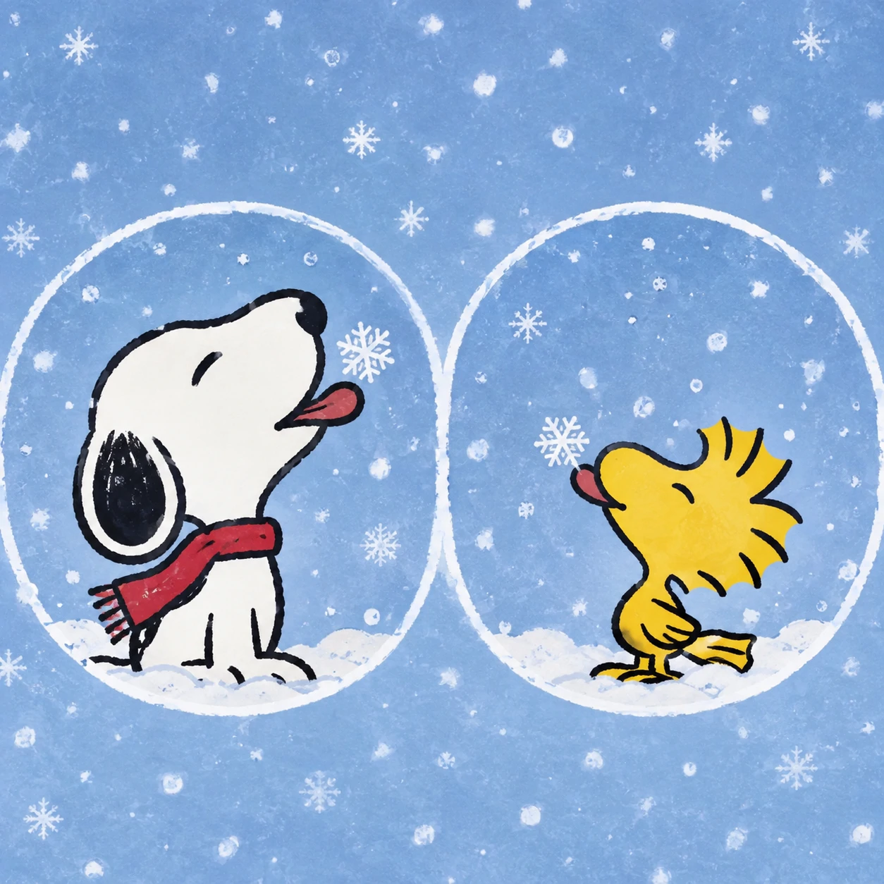 Winter matching Snoopy and Woodstock PFP set catching snowflakes together