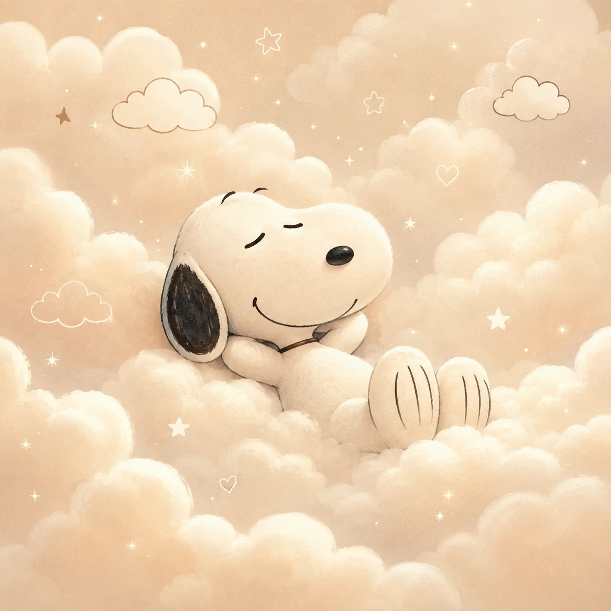Soft aesthetic Snoopy profile picture floating among fluffy cream-colored clouds