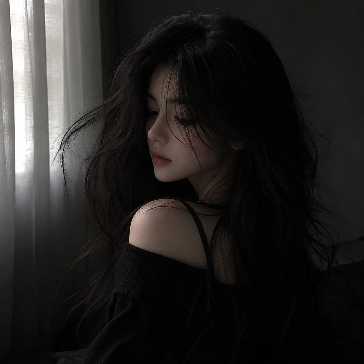 Soft black pfp girl with flowing hair and gentle closed-mouth expression.