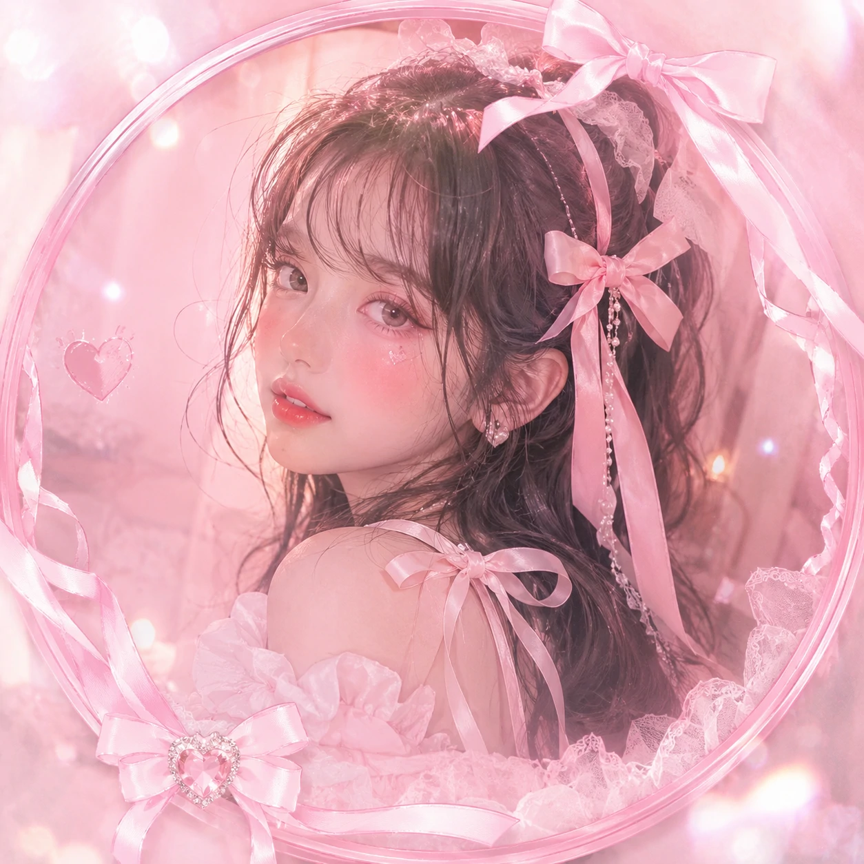 Soft girl coquette PFP wearing a pink ribbon in flushed pastel light.