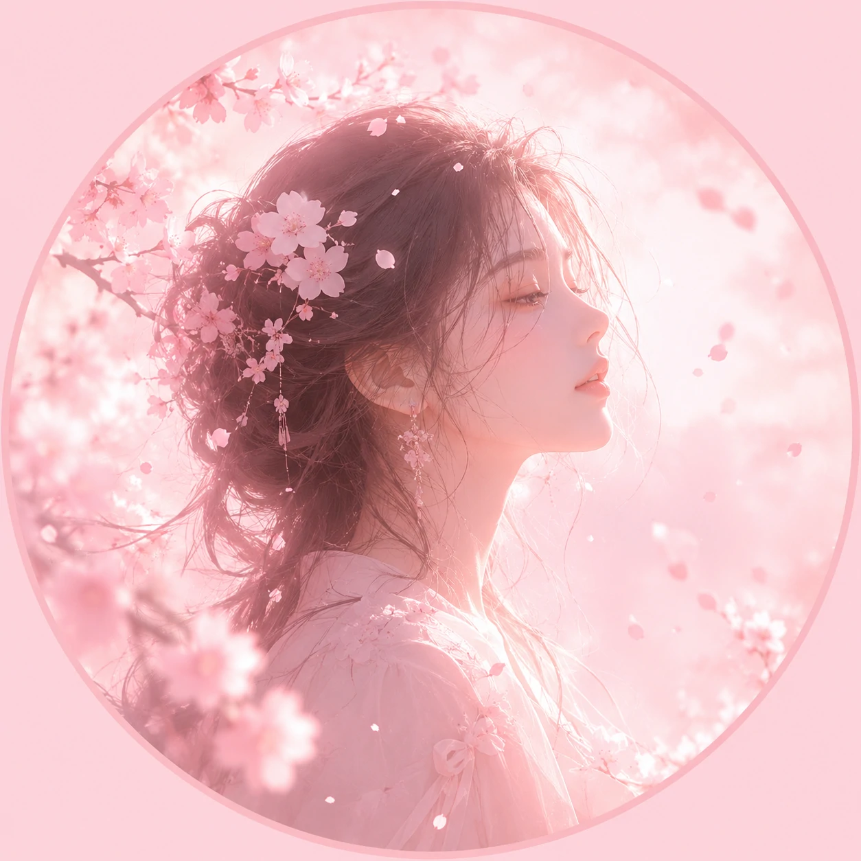 Soft pink pfp with cherry blossom petals and a pale glowing portrait