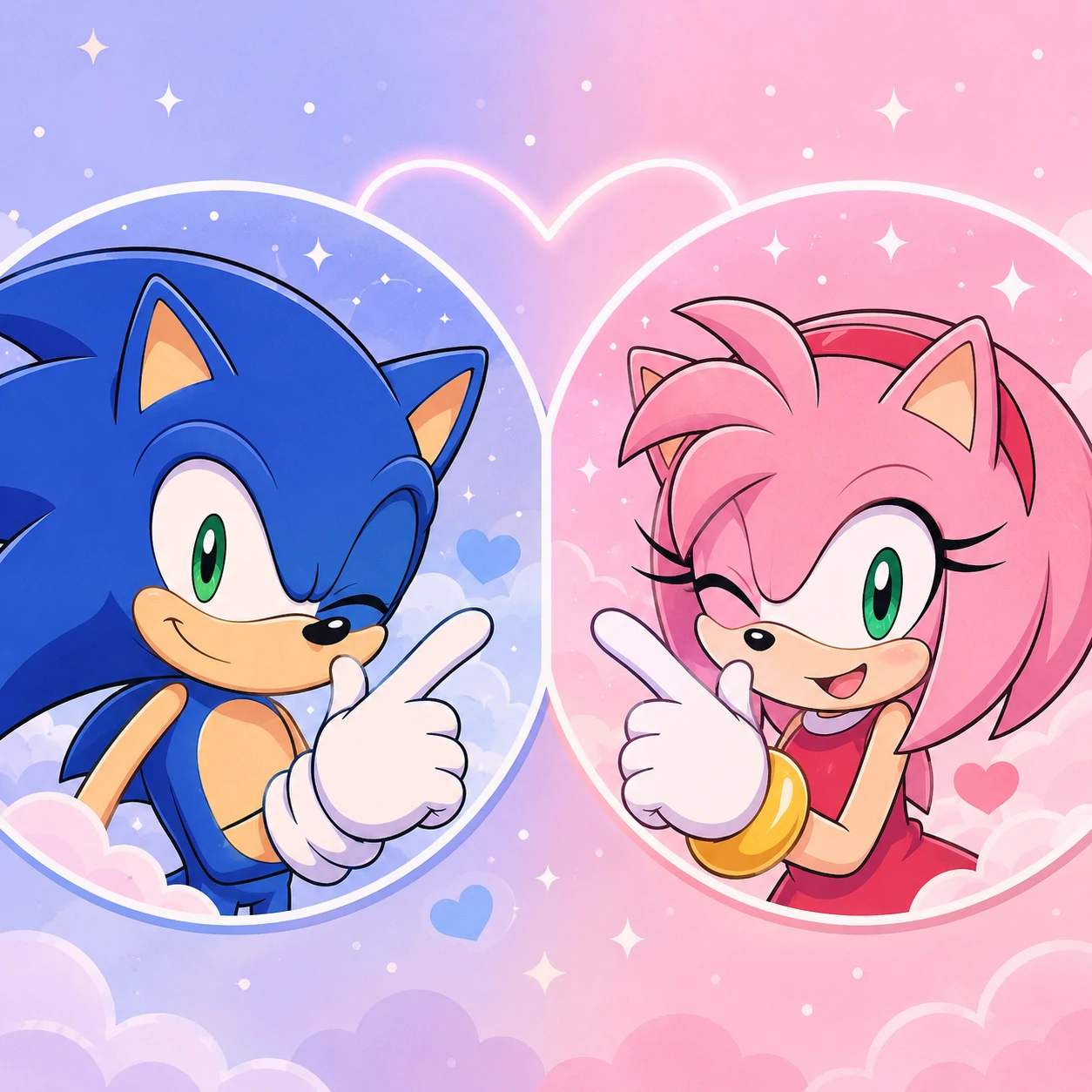 Sonamy matching icons with Sonic and Amy winking on a shared pastel background