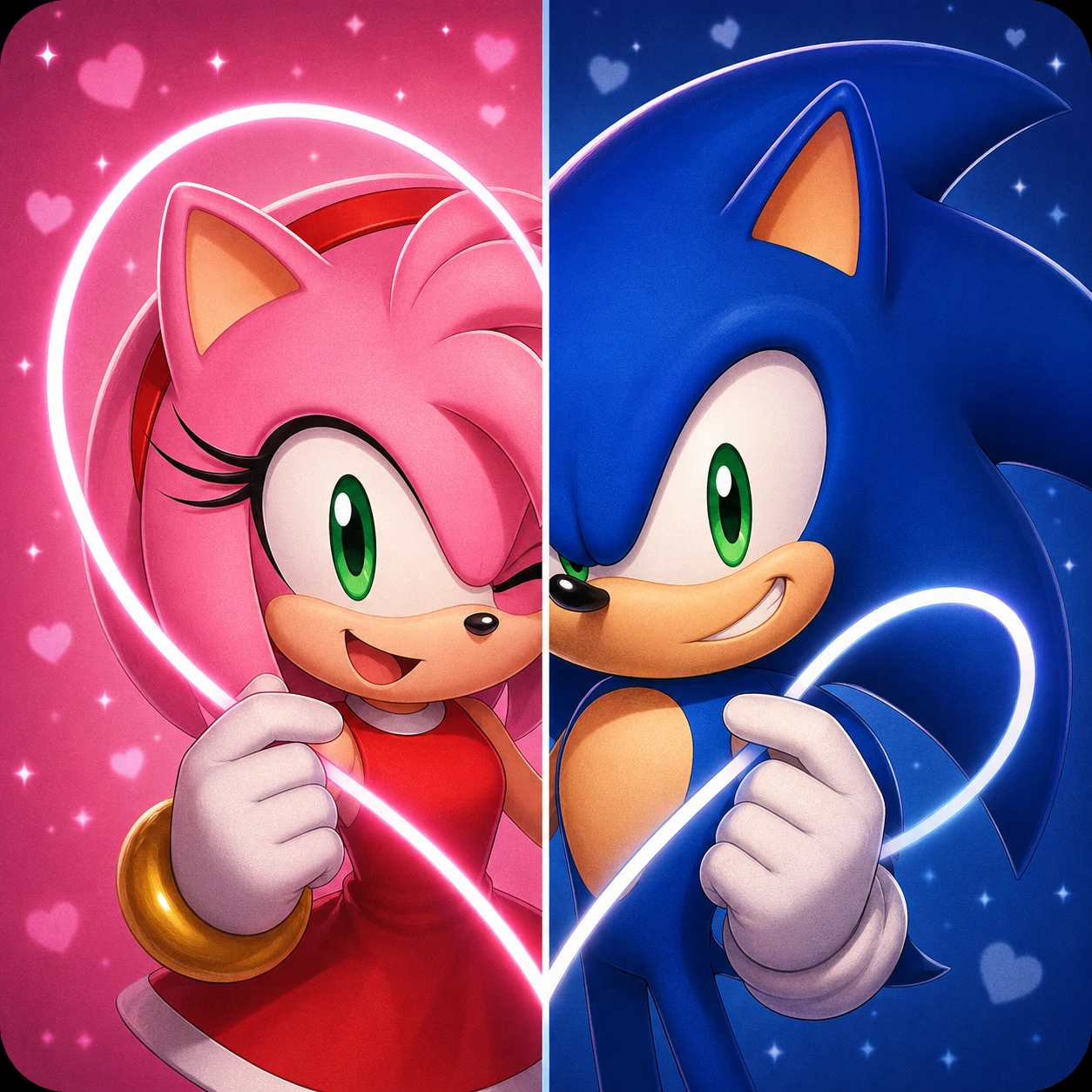 Sonic and Amy matching PFP halves forming one heart when placed side by side